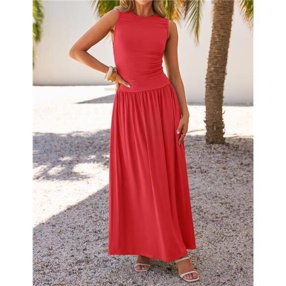 Women's Summer Sleeveless Maxi Dress 2025 Casual Crewneck Pleated Flowy - Picture 2 of 6